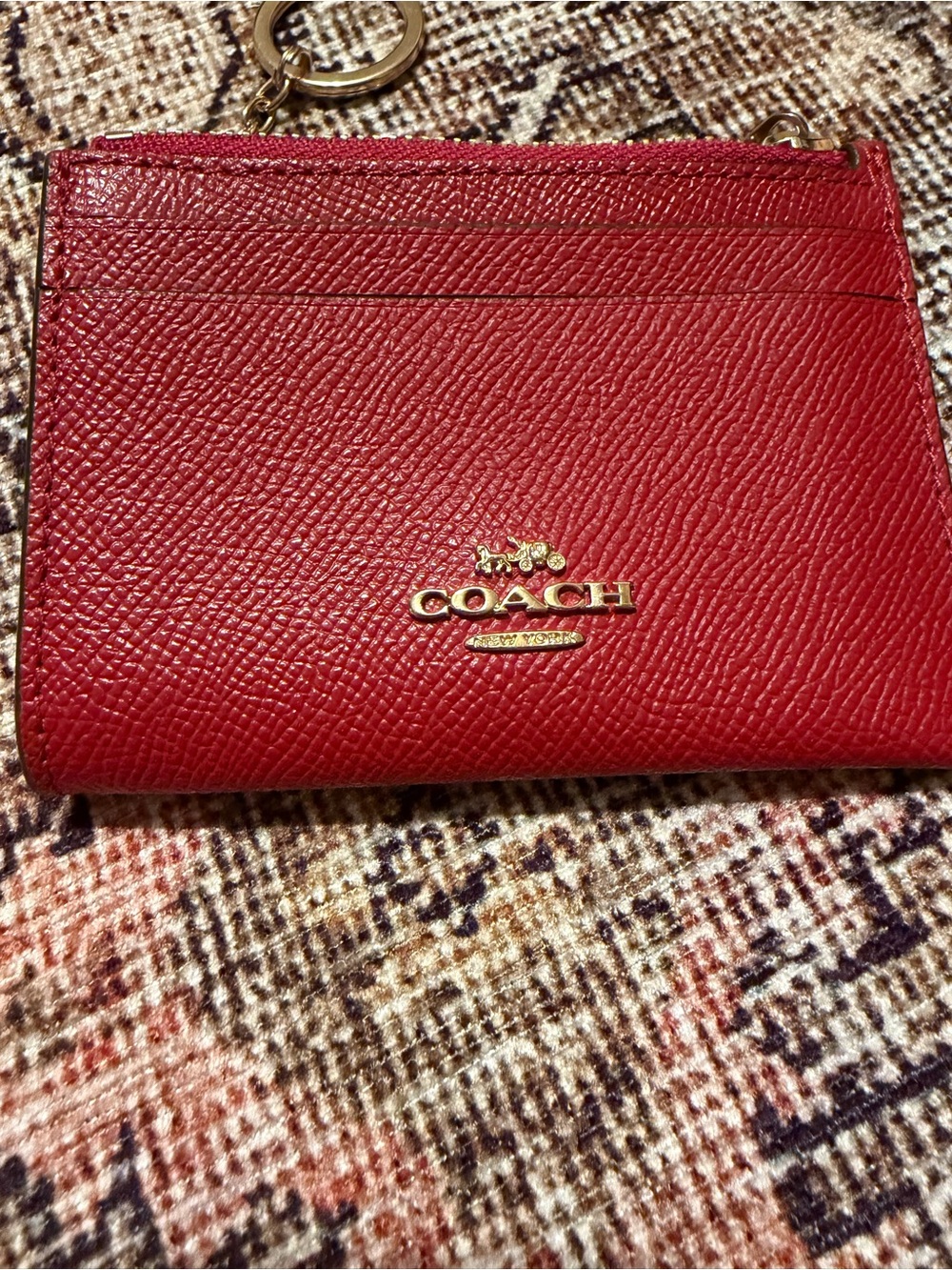 COACH Red Pebbled Leather Card Holder Keyring